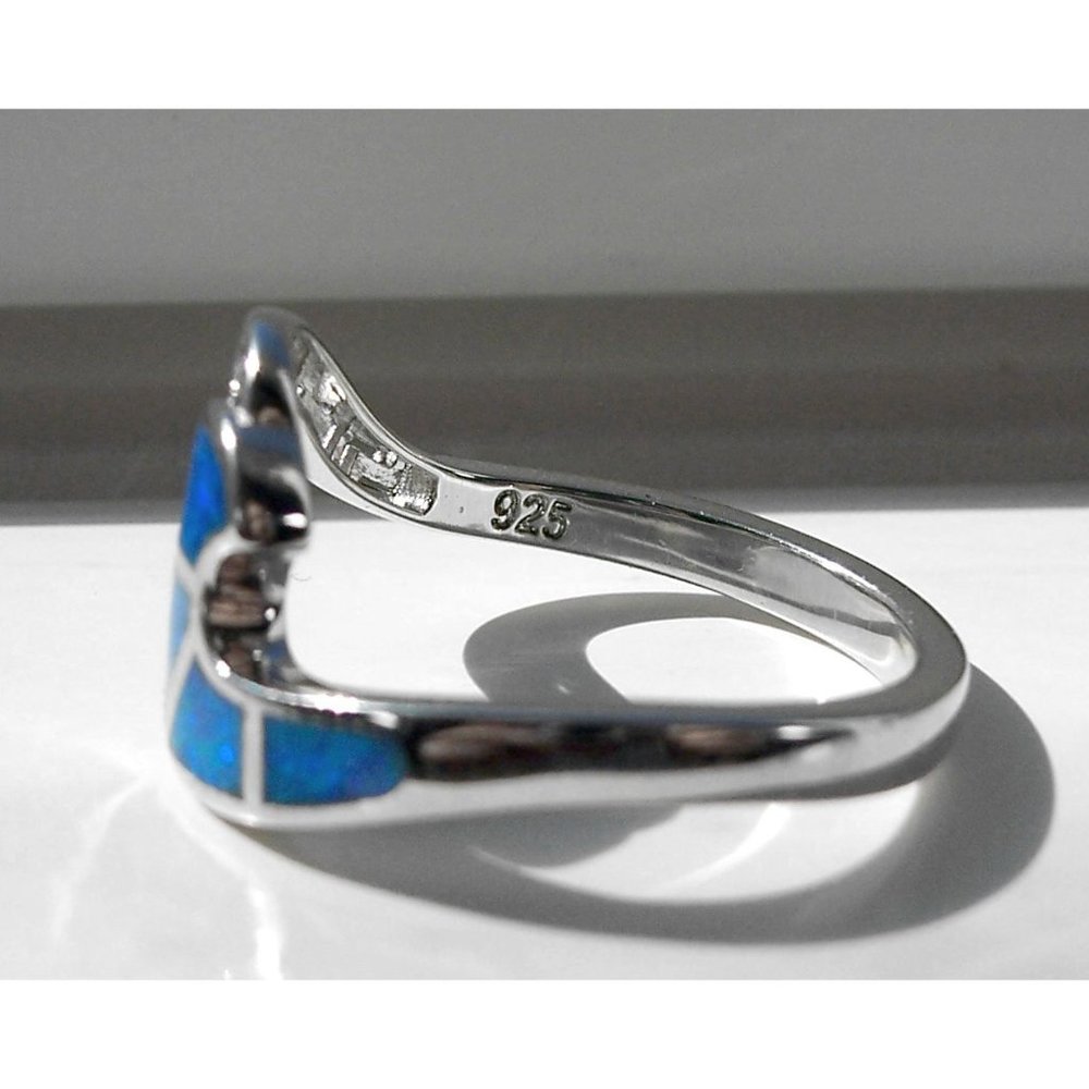 925 STERLING SILVER Lab Created Blue Fire Opal Greek Key & Wave Ring - Picture 9 of 16
